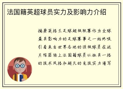 法国籍英超球员实力及影响力介绍