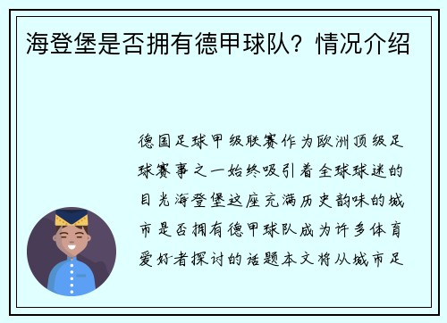海登堡是否拥有德甲球队？情况介绍